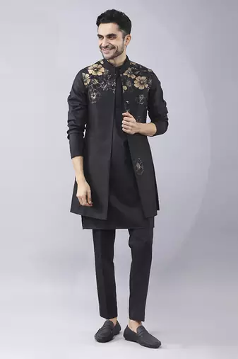 Black floral printed silk jacket paired with kurta & pant