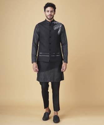 Black printed silk bandhgala jacket paired with kurta & pant 1