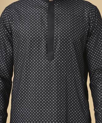 Black printed silk bandhgala jacket paired with kurta & pant 2
