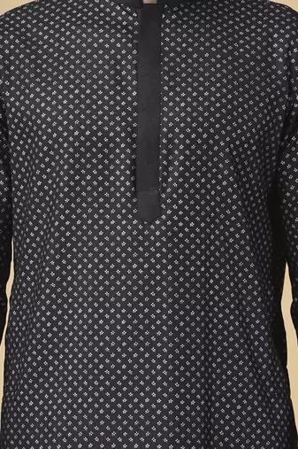 Black printed silk bandhgala jacket paired with kurta & pant