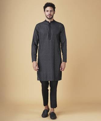 Black printed silk bandhgala jacket paired with kurta & pant 3
