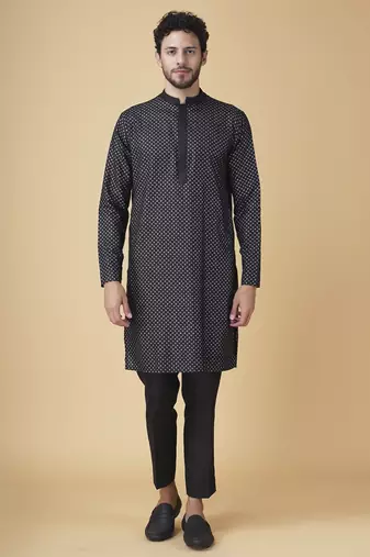 Black printed silk bandhgala jacket paired with kurta & pant