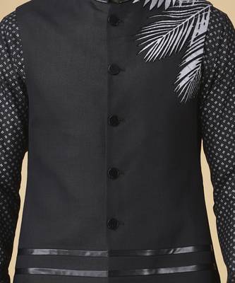 Black printed silk bandhgala jacket paired with kurta & pant 4