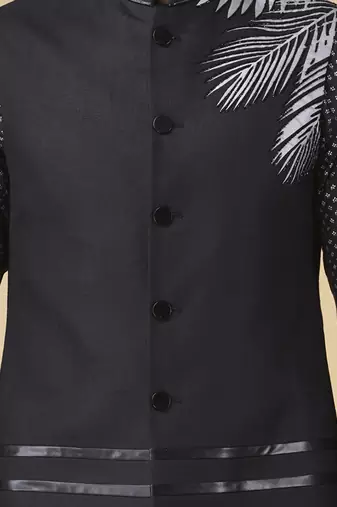 Black printed silk bandhgala jacket paired with kurta & pant