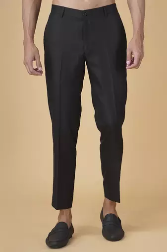 Black printed silk bandhgala jacket paired with kurta & pant