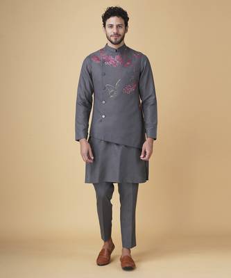 Grey floral printed silk bandhgala jacket paired with kurta & pant 1