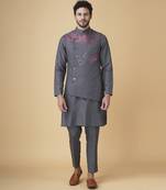 Grey floral printed silk bandhgala jacket paired with kurta & pant