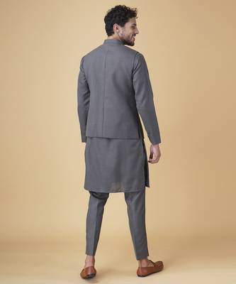 Grey floral printed silk bandhgala jacket paired with kurta & pant 3