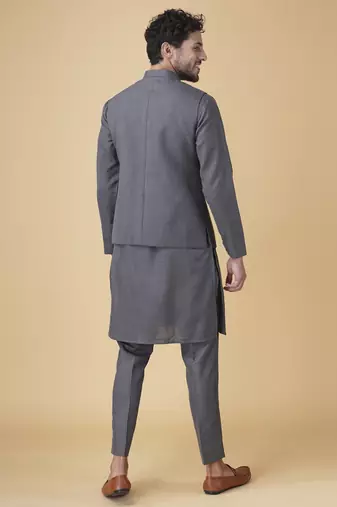 Grey floral printed silk bandhgala jacket paired with kurta & pant