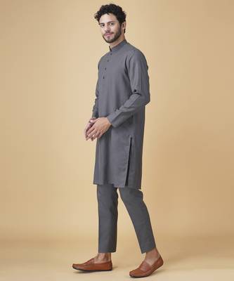 Grey floral printed silk bandhgala jacket paired with kurta & pant 4