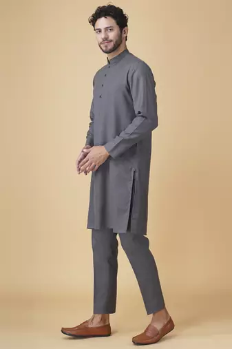Grey floral printed silk bandhgala jacket paired with kurta & pant