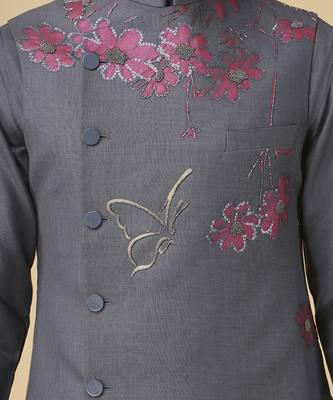 Grey floral printed silk bandhgala jacket paired with kurta & pant 5
