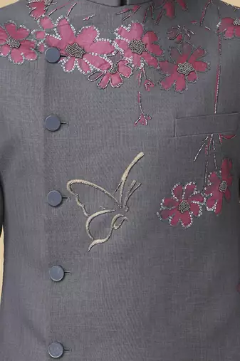 Grey floral printed silk bandhgala jacket paired with kurta & pant