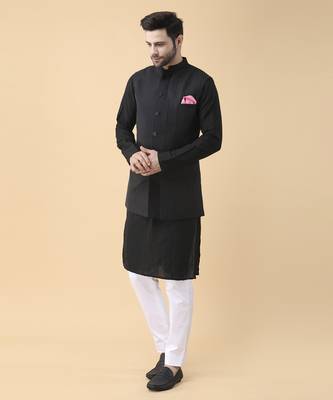 Black solid silk bandhgala jacket paired with kurta & pant 1