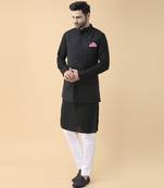 Black solid silk bandhgala jacket paired with kurta & pant
