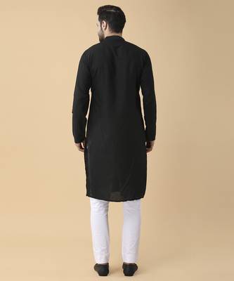 Black solid silk bandhgala jacket paired with kurta & pant 2