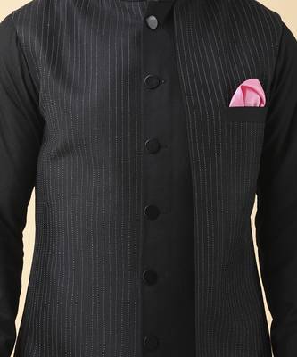 Black solid silk bandhgala jacket paired with kurta & pant 3