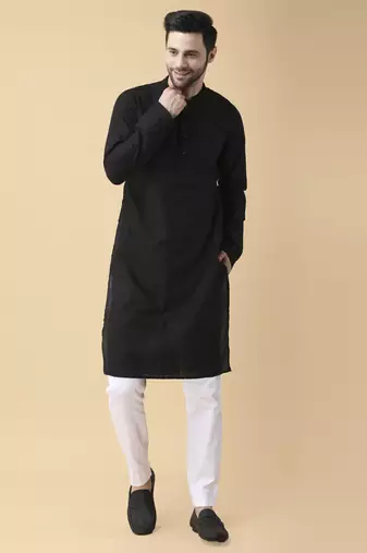 Black solid silk bandhgala jacket paired with kurta & pant