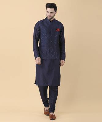Navy blue solid silk bandhgala jacket paired with kurta & pant 1