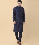 Navy blue solid silk bandhgala jacket paired with kurta & pant