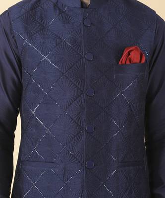 Navy blue solid silk bandhgala jacket paired with kurta & pant 2