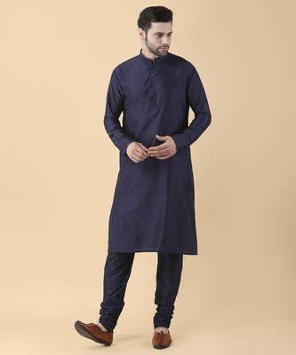 Navy blue solid silk bandhgala jacket paired with kurta & pant 3