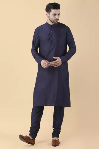 Navy blue solid silk bandhgala jacket paired with kurta & pant