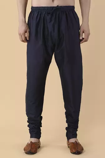Navy blue solid silk bandhgala jacket paired with kurta & pant