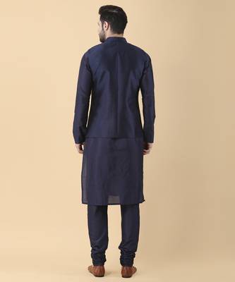 Navy blue solid silk bandhgala jacket paired with kurta & pant 5