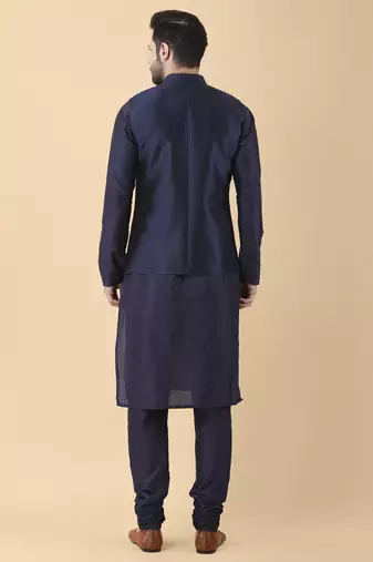 Navy blue solid silk bandhgala jacket paired with kurta & pant