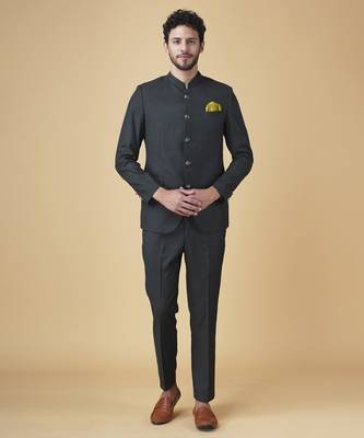 Bottle green solid rayon bandhgala suit 1