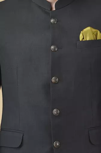 Bottle green solid rayon bandhgala suit