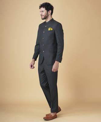 Bottle green solid rayon bandhgala suit 4