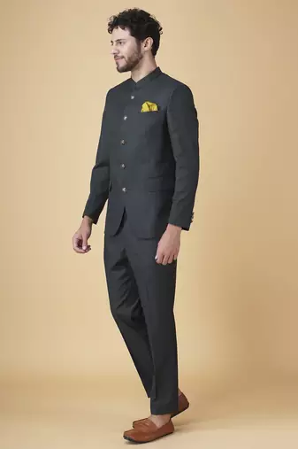 Bottle green solid rayon bandhgala suit