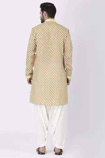 Multicolor silk printed mens kurta with pant set