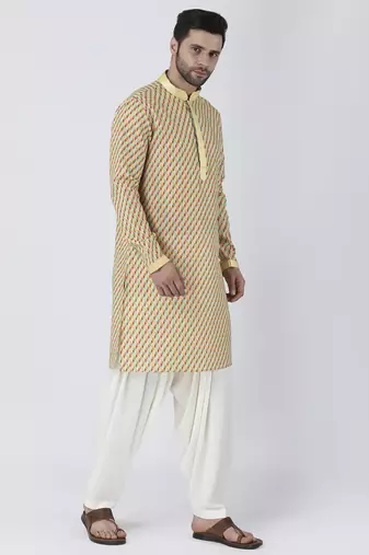 Multicolor silk printed mens kurta with pant set