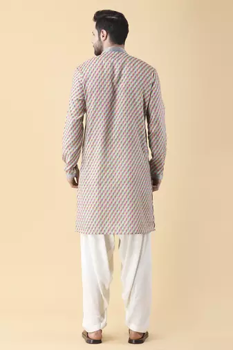 Multicolor silk printed mens kurta & pant set