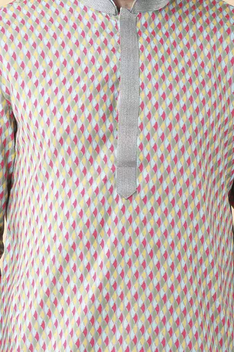 Multicolor silk printed mens kurta & pant set