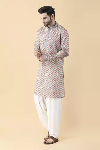Multicolor silk printed mens kurta & pant set