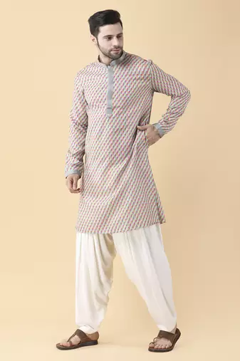 Multicolor silk printed mens kurta & pant set