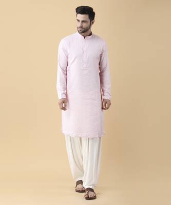 Pink silk solid mens kurta & pant 1