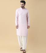 Pink silk solid mens kurta & pant