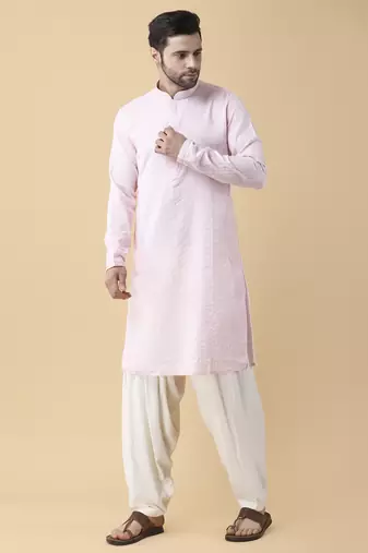 Pink silk solid mens kurta & pant