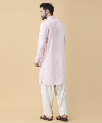 Pink silk solid mens kurta & pant 4