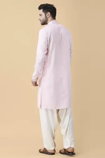 Pink silk solid mens kurta & pant