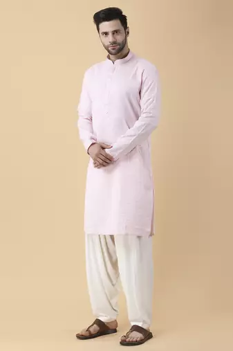 Pink silk solid mens kurta & pant