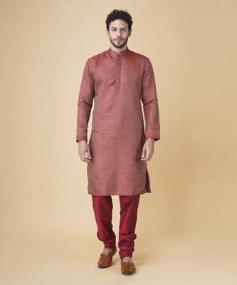 Maroon brocade solid mens kurta & pajama 1