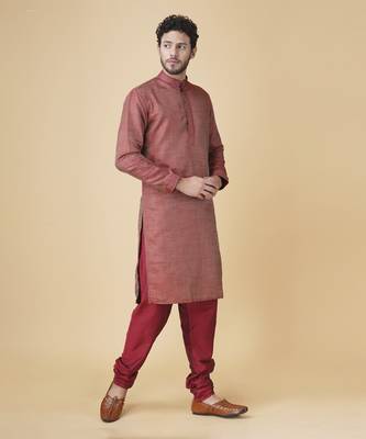 Maroon brocade solid mens kurta & pajama 5