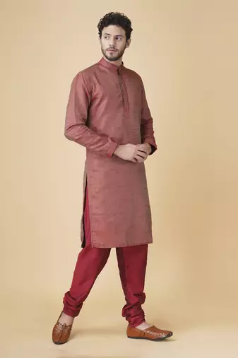 Maroon brocade solid mens kurta & pajama