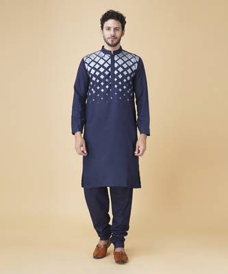 Blue silk geometric printed mens kurta & pajama 1